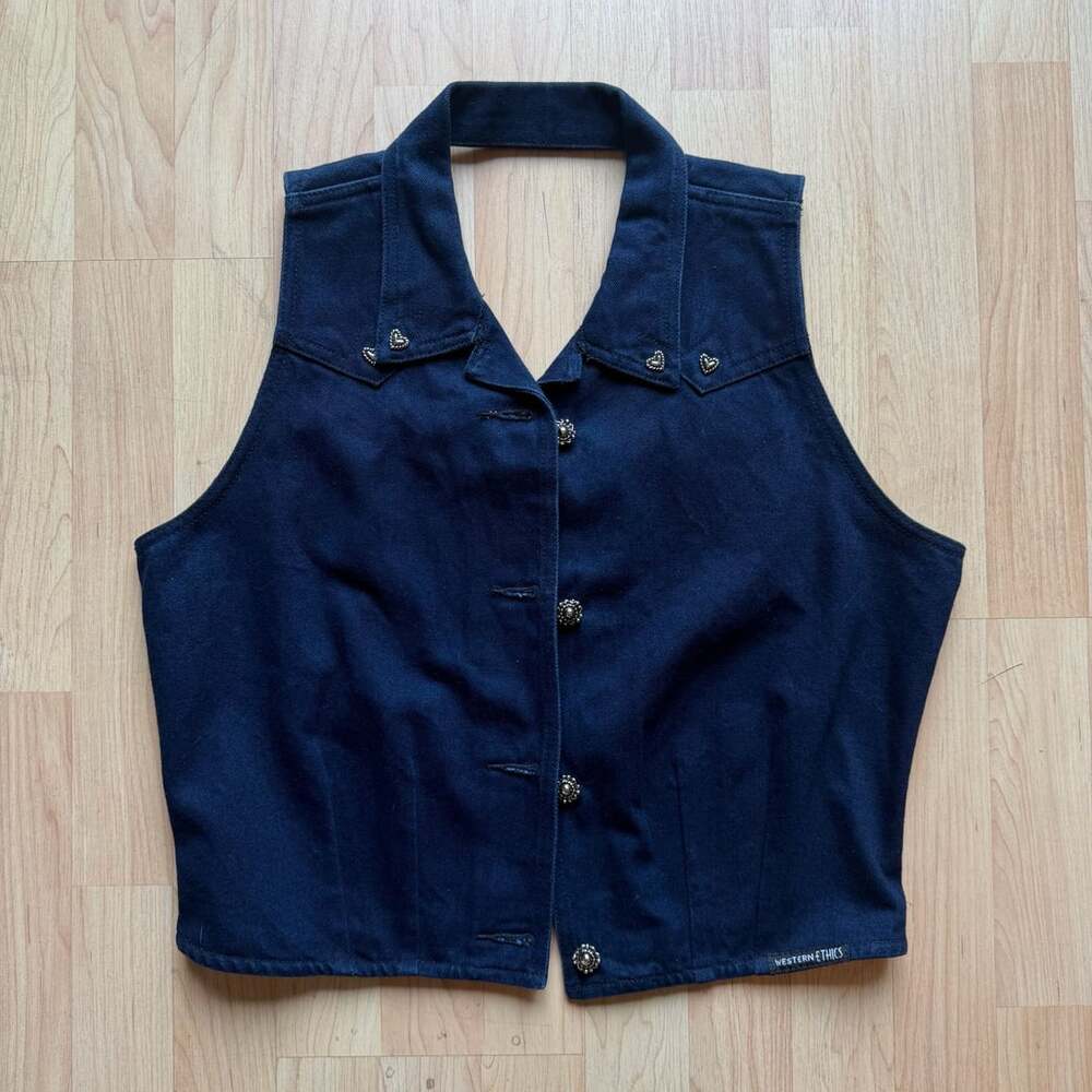Vintage Western Ethics Cropped Dark Denim Vest Western Cutout 100% Cotton Medium